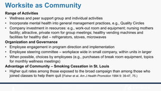 Range of Activities
• Wellness and peer support group and individual activities
• Incorporate mental health into general management practices, e.g., Quality Circles
• Company investment in resources: e.g., work-out room and equipment; nursing mothers
facility; attractive, private room for group meetings; healthy vending machines and
facilities for healthy diet – refrigerators, stoves, microwaves
Organization and Governance
• Employee engagement in program direction and implementation
• Employee steering committee – workplace wide in small company, within units in larger
• When possible, choices by employees (e.g., purchases of break room equipment, topics
for monthly wellness meetings)
Advantage of Community – Smoking Cessation in St. Louis
• Higher quit rates among those exposed to the broad campaign than among those who
joined classes to help them quit (Fisher et al. Am J Health Promotion 1994 9: 39-47, 75.)
Worksite as Community
 