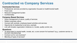 Contracted Services
• Professional, services provided by organization focused on health/mental health
• Fixed costs
• Reduced management burden
• Confidentiality
Company Based Services
• Direct management of nature, quality of services
• Reflect corporate culture
• Connect with worksite, employee-based activities and services
• Opportunity for leadership to set tone, example
• Link with broader organization initiatives re: morale, quality control, etc.
Questions:
• To what extent is mental health, morale, etc. a core concern for business? (e.g., customer service vs.
low tech manufacturing)
• Contract out for core business?
• Blending of types of services?
Contracted vs Company Services
 