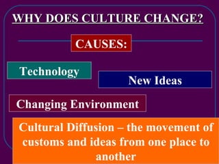 WHY DOES CULTURE CHANGE? CAUSES: Technology Changing Environment New Ideas Cultural Diffusion – the movement of customs and ideas from one place to another 