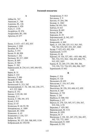 115
Іменний покажчик
А
Аббасі В., 767
Аванесян, Г., 748
Адамчик, М., 126
Адріанова, І., 420
Алич, С. 1130
Андрійчук, П. 974
Андрухович, Ю., 566
Архитко, О. 677
Б
Базик, Л. 613—617, 852, 853
Бакалець, І. 1048
Балабан, М. 710
Балбус, Т. 975
Балик, О. 40, 898
Баліцька, Г. 262
Баліцька, М. 217, 1089
Балюх, В. 869
Балюх, П. 909
Баран, У. 202
Барвінський, В. 234, 611, 695, 696 935,
1104
Барка, В. 31
Барна, С. 632
Басалига, Т. 666
Басараб, Н. 980
Баца, В. 108, 289
Бачинський А. 213, 242
Безкоровайний, Є. 54, 140, 182, 230, 277,
413, 522 1060
Береза, Б. 152
Биндас, З. 65, 68, 104
Бицюра, Л. 1
Бідзіля, Т. 390, 391, 872
Білий, І. 912
Білик, О. 43
Білянська, Н. 44, 93, 98
Бінцаровська, А. 1049
Бірковий, Ю. 1050
Блаженко, А. 45
Блажкевич, І. 216, 727
Бобик, М. 938
Бобрівець, М. 127, 205, 500, 895, 1154
Бобровський, В. 539,550
Боваровська, У. 913
Богданюк, Т. 9
Богоніс, О. 264, 396
Боднар, А. 1062
Бойко, М. 891, 914
Бойчук, О. 621
Болєщук, В. 681
Бомак, В. 206
Бородюк, Н. 29
Бортнянський, Д. 542, 557
Боцько, О. 339
Боярський, А. 849
Брик, А. 110, 268, 325, 513, 563, 585,
720, 782, 939, 947, 953, 387, 1085
Будар, Т. 622, 623, 892, 954
Буркацький, З. 675
Бурлаку, К. 46
Бурлаку, Н. 326, 327, 401—410. 446, 482,
501, 514, 515, 564—566, 603, 666,770,
915, 955, 1051
Бурма, В. 22, 269, 275, 280, 304, 306,
319, 320, 712, 734, 831, 886, 906, 1027
Бурміцький, О. 662
В
Ваврик, Є. 916
Ваврик, О. 328
Валькевич, В. 639
Вандзеляк, Г. 516, 917, 956
Ванчура, В. 771
Василечко, М. 258, 383, 604, 612, 859
Василів, Б. 368
Василько, Л. 739
Вацик, Т. 281
Вербило, О. 800, 918
Вербіцька, І. 337
Вергун, К. 270, 329, 507, 517, 558, 567,
919, 936, 1170
Верьовка, Г. 829, 982
Вериківський, М. 1131
Виклюк, В. 1050
Вихрущ, В. 27
Віконська, І. 128, 181, 207, 272, 384, 497,
502, 725, 772, 1055
Вільчикський, О. 1045
Вірський, П. 558
 