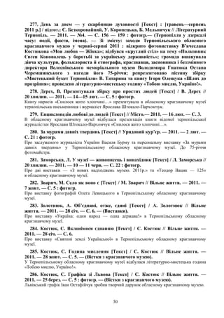 30
277. День за днем — у скарбницю духовності [Текст] : [травень—серпень
2011 р.] / підгот.: Є. Безкоровайний, У. Коропецька, Б. Мельничук // Літературний
Тернопіль. — 2011. — №4. — С. 156 — 159 : фотогр.— (Тернопілля у дзеркалі
часу: події, факти, імена). — Зі змісту: заходи Тернопільського обласного
краєзнавчого музею у червні-серпні 2011 : відкрито фотовиставку В’ячеслава
Костюкова «Моя любов — Жінка»; відбувся «круглий стіл» на тему «Полковник
Євген Коновалець у боротьбі за українську державність»; громада вшанувала
діяча культури, фольклориста й етнографа, краєзнавця, засновника і беззмінного
директора Велеснівського меморіального музею Володимира Гнатюка Остапа
Черемшинського з нагоди його 75-річчя; репрезентовано пісенну збірку
«Мистецький букет Тернопілля» В. Татарина та книгу Ігоря Олещука «Шлях до
прозріння»; проведено літературно-мистецьку годину «Тобою мислю, Україно!».
278. Дерех, В. Презентували збірку про простих людей [Текст] / В. Дерех //
20 хвилин. — 2011. — 14—15 лют. — С. 5 : фотогр.
Книгу нарисів «Снилося жито хлопчині…» презентувала в обласному краєзнавчому музеї
тернопільська письменниця і журналіст Ярослава Штокало-Пархомчук.
279. Енциклопедія любові до людей [Текст] // Місто.— 2011. — 16 лют. — С. 3.
В обласному краєзнавчому музеї відбулася презентація книги відомої тернопільської
журналістки Ярослави Штокало-Пархомчук «Снилося жито хлопчині…».
280. За мурами давніх твердинь [Текст] // Урядовий кур’єр. — 2011. — 2 лют. —
С. 21 : фотогр.
Про заслуженого журналіста України Василя Бурму та персональну виставку «За мурами
давніх твердинь» у Тернопільському обласному краєзнавчому музеї. До 75-річчя
фотомайстра.
281. Заморська, Л. У музеї — живописець і винахідник [Текст] / Л. Заморська //
20 хвилин. — 2011. — 10 — 11 черв. — С. 22 : фотогр.
Про дві виставки — «З нових надходжень музею. 2011р.» та «Теодор Вацик — 125»
в обласному краєзнавчому музеї.
282. Зварич, М. Село як воно є [Текст] / М. Зварич // Вільне життя. — 2011. —
7 жовт. — С. 5 : фотогр.
Про виставку фотографій Олега Левицького в Тернопільському обласному краєзнавчому
музеї.
283. Золотнюк, А. Об’єднані, отже, єдині [Текст] / А. Золотнюк // Вільне
життя. — 2011. — 28 січ. — С. 6. — (Виставки).
Про виставку «Україна: один народ — одна держава!» в Тернопільському обласному
краєзнавчому музеї.
284. Костюк, С. Вклонімося єднанню [Текст] / С. Костюк // Вільне життя. —
2011. — 28 січ. — С. 6.
Про виставку «Святині землі Української» в Тернопільському обласному краєзнавчому
музеї.
285. Костюк, С. Година мислення [Текст] / С. Костюк // Вільне життя. —
2011. — 28 жовт. — С. 5. — (Вістки з краєзнавчого музею).
У Тернопільському обласному краєзнавчому музеї відбулася літературно-мистецька година
«Тобою мислю, Україно!».
286. Костюк, С. Графіка зі Львова [Текст] / С. Костюк // Вільне життя. —
2011. — 25 берез. — С. 5 : фотогр. — (Вістки з краєзнавчого музею).
Львівський графік Іван Остафійчук зробив творчий дарунок обласному краєзнавчому музею.
 