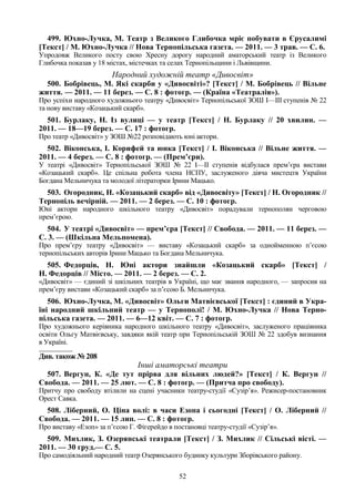 52
499. Юхно-Лучка, М. Театр з Великого Глибочка мріє побувати в Єрусалимі
[Текст] / М. Юхно-Лучка // Нова Тернопільська газета. — 2011. — 3 трав. — С. 6.
Упродовж Великого посту свою Хресну дорогу народний аматорський театр із Великого
Глибочка показав у 18 містах, містечках та селах Тернопільщини і Львівщини.
Народний художній театр «Дивосвіт»
500. Бобрівець, М. Які скарби у «Дивосвіті»? [Текст] / М. Бобрівець // Вільне
життя. — 2011. — 11 берез. — С. 8 : фотогр. — (Країна «Театралія»).
Про успіхи народного художнього театру «Дивосвіт» Тернопільської ЗОШ І—ІІІ ступенів № 22
та нову виставу «Козацький скарб».
501. Бурлаку, Н. Із вулиці — у театр [Текст] / Н. Бурлаку // 20 хвилин. —
2011. — 18—19 берез. — С. 17 : фотогр.
Про театр «Дивосвіт» у ЗОШ №22 розповідають юні актори.
502. Віконська, І. Корифей та юнка [Текст] / І. Віконська // Вільне життя. —
2011. — 4 берез. — С. 8 : фотогр. — (Прем’єри).
У театрі «Дивосвіт» Тернопільської ЗОШ № 22 І—ІІ ступенів відбулася прем’єра вистави
«Козацький скарб». Це спільна робота члена НСПУ, заслуженого діяча мистецтв України
Богдана Мельничука та молодої літераторки Ірини Мацько.
503. Огородник, Н. «Козацький скарб» від «Дивосвіту» [Текст] / Н. Огородник //
Тернопіль вечірній. — 2011. — 2 берез. — С. 10 : фотогр.
Юні актори народного шкільного театру «Дивосвіт» порадували тернополян черговою
прем’єрою.
504. У театрі «Дивосвіт» — прем’єра [Текст] // Свобода. — 2011. — 11 берез. —
С. 3. — (Шкільна Мельпомена).
Про прем’єру театру «Дивосвіт» — виставу «Козацький скарб» за однойменною п’єсою
тернопільських авторів Ірини Мацько та Богдана Мельничука.
505. Федорців, Н. Юні актори знайшли «Козацький скарб» [Текст] /
Н. Федорців // Місто. — 2011. — 2 берез. — С. 2.
«Дивосвіт» — єдиний зі шкільних театрів в Україні, що має звання народного, — запросив на
прем’єру вистави «Козацький скарб» за п’єсою Б. Мельничука.
506. Юхно-Лучка, М. «Дивосвіт» Ольги Матвієвської [Текст] : єдиний в Укра-
їні народний шкільний театр — у Тернополі! / М. Юхно-Лучка // Нова Терно-
пільська газета. — 2011. — 6—12 квіт. — С. 7 : фотогр.
Про художнього керівника народного шкільного театру «Дивосвіт», заслуженого працівника
освіти Ольгу Матвієвську, завдяки якій театр при Тернопільській ЗОШ № 22 здобув визнання
в Україні.
________________
Див. також № 208
Інші аматорські театри
507. Вергун, К. «Де тут прірва для вільних людей?» [Текст] / К. Вергун //
Свобода. — 2011. — 25 лют. — С. 8 : фотогр. — (Притча про свободу).
Притчу про свободу втілили на сцені учасники театру-студії «Сузір’я». Режисер-постановник
Орест Савка.
508. Ліберний, О. Ціна волі: в часи Езопа і сьогодні [Текст] / О. Ліберний //
Свобода. — 2011. — 15 лип. — С. 8 : фотогр.
Про виставу «Езоп» за п’єсою Г. Фігерейдо в постановці театру-студії «Сузір’я».
509. Михлик, З. Озерянські театрали [Текст] / З. Михлик // Сільські вісті. —
2011. — 30 груд.— С. 5.
Про самодіяльний народний театр Озерянського будинку культури Зборівського району.
 