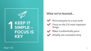 11
Point everyone to a true north
Focus on the 3-5 most important
things
Make it authentically yours
Amplify one consisten...