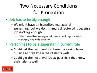 Versus Traditional ModelTraditional model is good prior year earns a raise, independent of marketProblem is employees can get materially under- or over-paid relative to the market, over timeWhen materially under-paid, employees switch firms to take advantage of market-based pay on hiringWhen materially over-paid, employees are trapped in current firmConsistent market-based pay is better model103