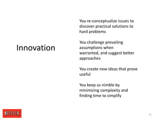 14You re-conceptualize issues to discover practical solutions to hard problems You challenge prevailing assumptions when warranted, and suggest better approaches You create new ideas that prove useful You keep us nimble by minimizing complexity and finding time to simplify Innovation