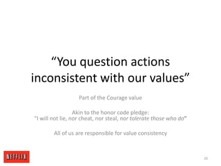 “You question actions inconsistent with our values”Part of the Courage valueAkin to the honor code pledge: “I will not lie, nor cheat, nor steal, nor tolerate those who do” All of us are responsible for value consistency20