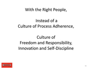 With the Right People,  Instead of a Culture of Process Adherence, Culture of Freedom and Responsibility, Innovation and Self-Discipline56