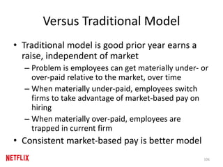 Versus Traditional Model
• Traditional model is good prior year earns a
raise, independent of market
– Problem is employees can get materially under- or
over-paid relative to the market, over time
– When materially under-paid, employees switch
firms to take advantage of market-based pay on
hiring
– When materially over-paid, employees are
trapped in current firm
• Consistent market-based pay is better model
106
 
