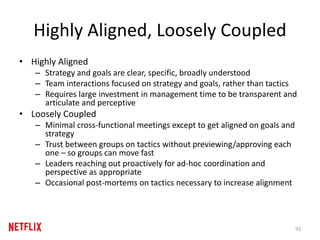 Highly Aligned, Loosely Coupled
• Highly Aligned
– Strategy and goals are clear, specific, broadly understood
– Team interactions focused on strategy and goals, rather than tactics
– Requires large investment in management time to be transparent and
articulate and perceptive
• Loosely Coupled
– Minimal cross-functional meetings except to get aligned on goals and
strategy
– Trust between groups on tactics without previewing/approving each
one – so groups can move fast
– Leaders reaching out proactively for ad-hoc coordination and
perspective as appropriate
– Occasional post-mortems on tactics necessary to increase alignment
93
 