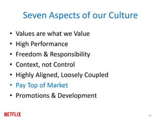 Seven Aspects of our Culture
• Values are what we Value
• High Performance
• Freedom & Responsibility
• Context, not Control
• Highly Aligned, Loosely Coupled
• Pay Top of Market
• Promotions & Development
95
 
