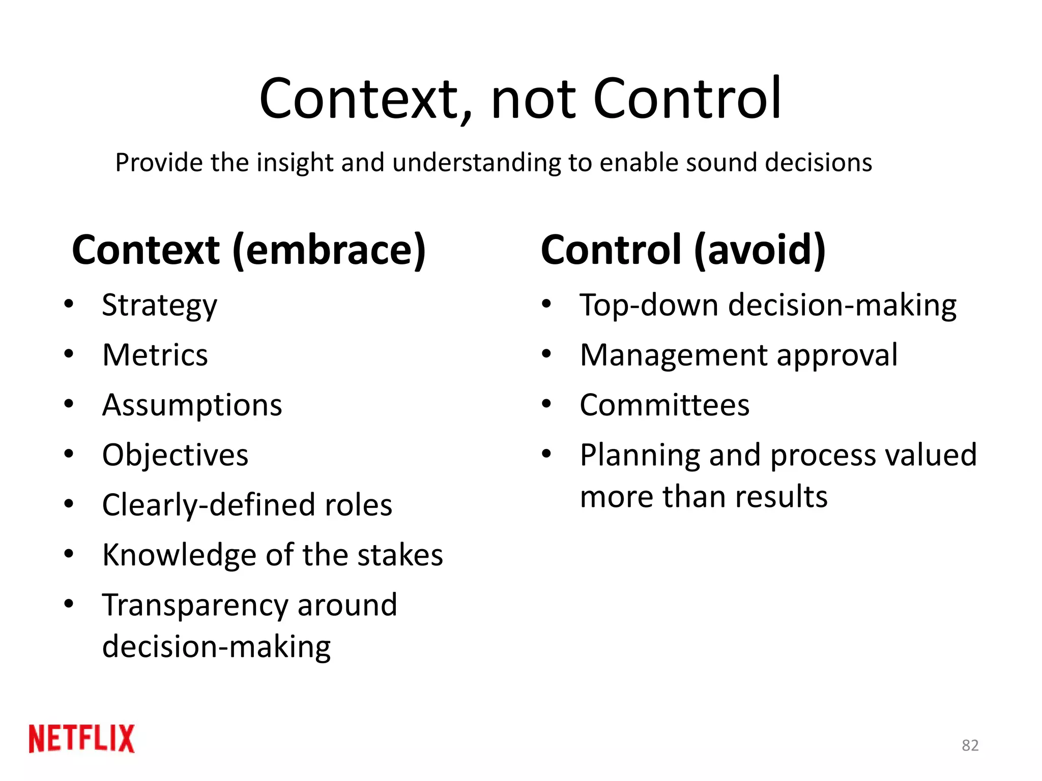 Context, not Control
Context (embrace)
• Strategy
• Metrics
• Assumptions
• Objectives
• Clearly-defined roles
• Knowledge of the stakes
• Transparency around
decision-making
Control (avoid)
• Top-down decision-making
• Management approval
• Committees
• Planning and process valued
more than results
Provide the insight and understanding to enable sound decisions
82
 