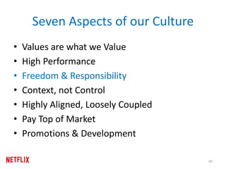 Seven Aspects of our Culture
• Values are what we Value
• High Performance
• Freedom & Responsibility
• Context, not Control
• Highly Aligned, Loosely Coupled
• Pay Top of Market
• Promotions & Development
40
 