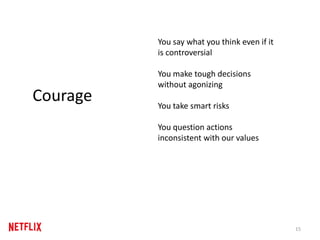 15
Courage
You say what you think even if it
is controversial
You make tough decisions
without agonizing
You take smart risks
You question actions
inconsistent with our values
 