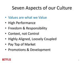 Seven Aspects of our Culture
• Values are what we Value
• High Performance
• Freedom & Responsibility
• Context, not Control
• Highly Aligned, Loosely Coupled
• Pay Top of Market
• Promotions & Development
4
 