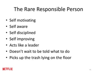 The Rare Responsible Person
• Self motivating
• Self aware
• Self disciplined
• Self improving
• Acts like a leader
• Does...