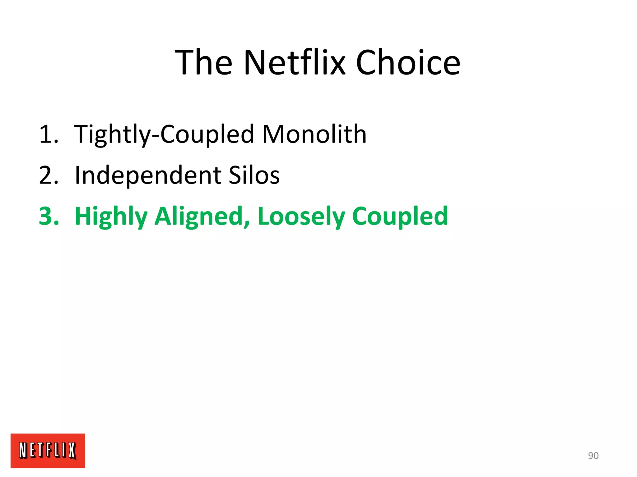 The Netflix Choice
1. Tightly-Coupled Monolith
2. Independent Silos
3. Highly Aligned, Loosely Coupled
90
 