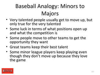 Baseball Analogy: Minors to
Majors
• Very talented people usually get to move up, but
only true for the very talented
• Some luck in terms of what positions open up
and what the competition is
• Some people move to other teams to get the
opportunity they want
• Great teams keep their best talent
• Some minor league players keep playing even
though they don’t move up because they love
the game
111
 