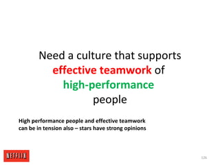 Need a culture that supports
effective teamwork of
high-performance
people
126
High performance people and effective teamw...