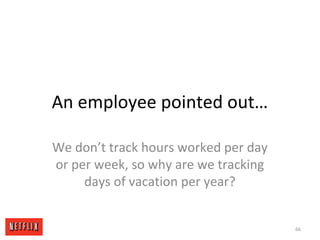An employee pointed out…
We don’t track hours worked per day
or per week, so why are we tracking
days of vacation per year...