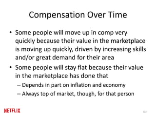 Compensation Over Time
• Some people will move up in comp very
quickly because their value in the marketplace
is moving up quickly, driven by increasing skills
and/or great demand for their area
• Some people will stay flat because their value
in the marketplace has done that
– Depends in part on inflation and economy
– Always top of market, though, for that person
102
 