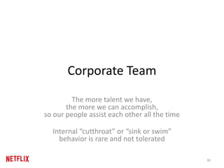 Corporate Team
The more talent we have,
the more we can accomplish,
so our people assist each other all the time
Internal “cutthroat” or “sink or swim”
behavior is rare and not tolerated
30
 