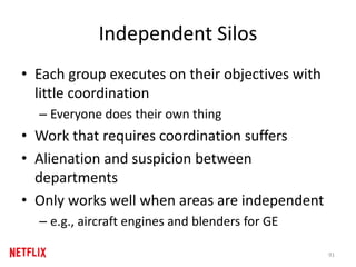 Independent Silos
• Each group executes on their objectives with
little coordination
– Everyone does their own thing
• Work that requires coordination suffers
• Alienation and suspicion between
departments
• Only works well when areas are independent
– e.g., aircraft engines and blenders for GE
91
 