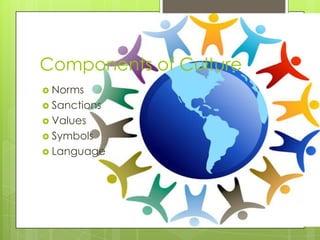 Components of Culture
 Norms
 Sanctions
 Values
 Symbols
 Language
 