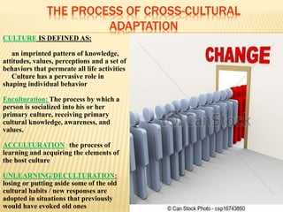 THE PROCESS OF CROSS-CULTURAL
ADAPTATION
CULTURE IS DEFINED AS:
an imprinted pattern of knowledge,
attitudes, values, perceptions and a set of
behaviors that permeate all life activities
Culture has a pervasive role in
shaping individual behavior
Enculturation: The process by which a
person is socialized into his or her
primary culture, receiving primary
cultural knowledge, awareness, and
values.
ACCULTURATION: the process of
learning and acquiring the elements of
the host culture
UNLEARNING/DECULTURATION:
losing or putting aside some of the old
cultural habits / new responses are
adopted in situations that previously
would have evoked old ones
 