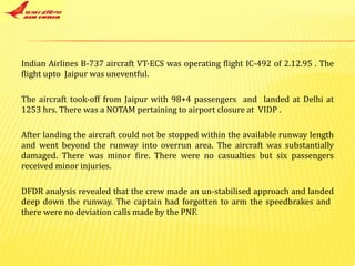 Indian Airlines B-737 aircraft VT-ECS was operating flight IC-492 of 2.12.95 . The flight upto  Jaipur was uneventful.  The aircraft took-off from Jaipur with 98+4 passengers  and  landed at Delhi at 1253 hrs. There was a NOTAM pertaining to airport closure at  VIDP . After landing the aircraft could not be stopped within the available runway length and went beyond the runway into overrun area. The aircraft was substantially damaged. There was minor fire. There were no casualties but six passengers received minor injuries. DFDR analysis revealed that the crew made an un-stabilised approach and landed deep down the runway. The captain had forgotten to arm the speedbrakes and  there were no deviation calls made by the PNF.   