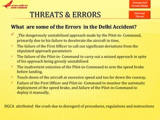 What  are some of the Errors  in the Delhi Accident? The dangerously unstabilised approach made by the Pilot-in- Command, primarily due to his failure to decelerate the aircraft in time, The failure of the First Officer to call out significant deviations from the stipulated approach parameters The failure of the Pilot-in- Command to carry out a missed approach in spite of his approach being grossly unstabilised The inadvertent omission of the Pilot-in-Command to arm the speed brake before landing, Touch-down of the aircraft at excessive speed and too far down the runway,  Failure of the First Officer and Pilot-in- Command to monitor the automatic deployment of the speed brake, and failure of the Pilot-in-Command to deploy it manually,  DGCA  attributed  the crash due to disregard of procedures, regulations and instructions THREATS & ERRORS Unexpected Events/Risks External Threat 