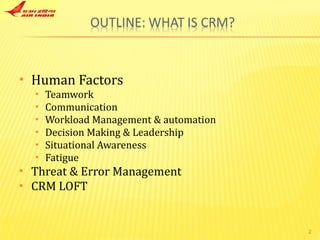 Human Factors Teamwork Communication Workload Management & automation Decision Making & Leadership Situational Awareness Fatigue Threat & Error Management CRM LOFT  