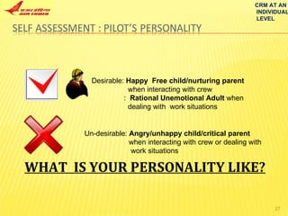 Desirable:  Happy  Free child/nurturing parent  when interacting with crew :   Rational Unemotional Adult  when  dealing with  work situations WHAT  IS YOUR PERSONALITY LIKE? Un-desirable:  Angry/unhappy child/critical parent  when interacting with crew or dealing with  work situations CRM AT AN INDIVIDUAL LEVEL 