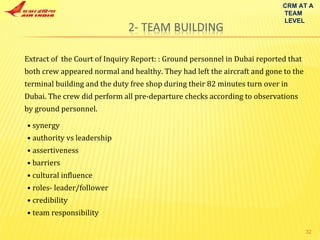 Extract of  the Court of Inquiry Report: : Ground personnel in Dubai reported that both crew appeared normal and healthy. They had left the aircraft and gone to the terminal building and the duty free shop during their 82 minutes turn over in Dubai. The crew did perform all pre-departure checks according to observations by ground personnel. •  synergy •  authority vs leadership •  assertiveness •  barriers •  cultural influence •  roles- leader/follower •  credibility •  team responsibility CRM AT A TEAM LEVEL 