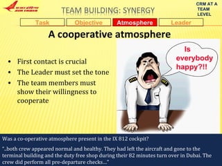 A cooperative atmosphere First contact is crucial The Leader must set the tone The team members must show their willingness to cooperate Objective Task Leader Atmosphere Is everybody happy?!! CRM AT A TEAM LEVEL Was a co-operative atmosphere present in the IX 812 cockpit? “ ..both crew appeared normal and healthy. They had left the aircraft and gone to the terminal building and the duty free shop during their 82 minutes turn over in Dubai. The crew did perform all pre-departure checks…” 