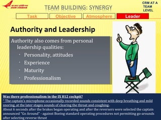 Authority and Leadership Objective Task Leader Atmosphere Authority also comes from personal leadership qualities:  Personality, attitudes Experience Maturity Professionalism CRM AT A TEAM LEVEL Was there professionalism in the IX 812 cockpit? “  The captain's microphone occasionally recorded sounds consistent with deep breathing and mild snoring, at the later stages sounds of clearing the throat and coughing .. About 6 seconds after the brakes began operating and after the reversers were selected the captain announced "Go Around" - against Boeing standard operating procedures not permitting go-arounds after selecting reverse thrust 