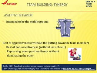 Intended to be the middle ground Best of aggressiveness (without the putting down the team member) Best of non-assertiveness (without loss-of-self) Expressing  one’s position firmly  without dominating the other CRM AT A TEAM LEVEL In the IX 812 cockpit, was the wrong person being assertive?.. “  The captain (2,844 hours on type) was "assertive" and tended to  indicate he was always right…..” 