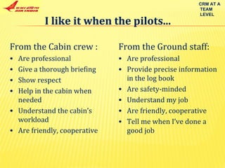 I like it when the pilots... From the Cabin crew : Are professional  Give a thorough briefing  Show respect Help in the cabin when needed Understand the cabin’s workload  Are friendly, cooperative From the Ground staff:  Are professional Provide precise information in the log book Are safety-minded  Understand my job Are friendly, cooperative Tell me when I’ve done a good job CRM AT A TEAM LEVEL 