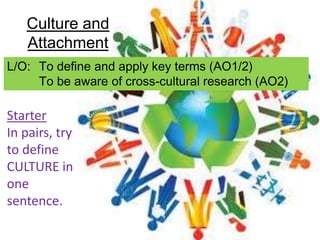 Culture and
   Attachment
L/O: To define and apply key terms (AO1/2)
     To be aware of cross-cultural research (AO2)

Starter
In pairs, try
to define
CULTURE in
one
sentence.
 