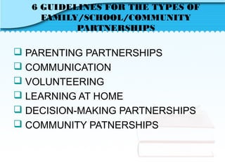 6 GUIDELINES FOR THE TYPES OF
FAMILY/SCHOOL/COMMUNITY
PARTNERSHIPS
 PARENTING PARTNERSHIPS
 COMMUNICATION
 VOLUNTEERING
 LEARNING AT HOME
 DECISION-MAKING PARTNERSHIPS
 COMMUNITY PATNERSHIPS
 