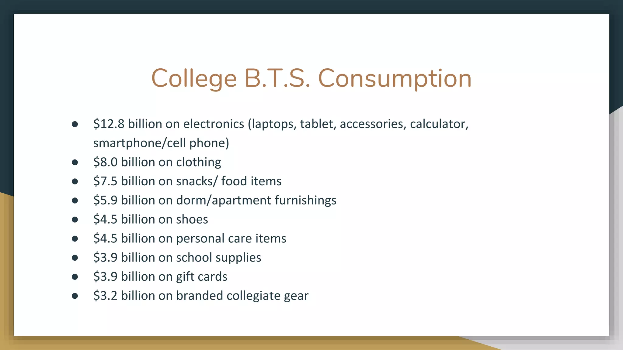 College B.T.S. Consumption
● $12.8 billion on electronics (laptops, tablet, accessories, calculator,
smartphone/cell phone)
● $8.0 billion on clothing
● $7.5 billion on snacks/ food items
● $5.9 billion on dorm/apartment furnishings
● $4.5 billion on shoes
● $4.5 billion on personal care items
● $3.9 billion on school supplies
● $3.9 billion on gift cards
● $3.2 billion on branded collegiate gear
 