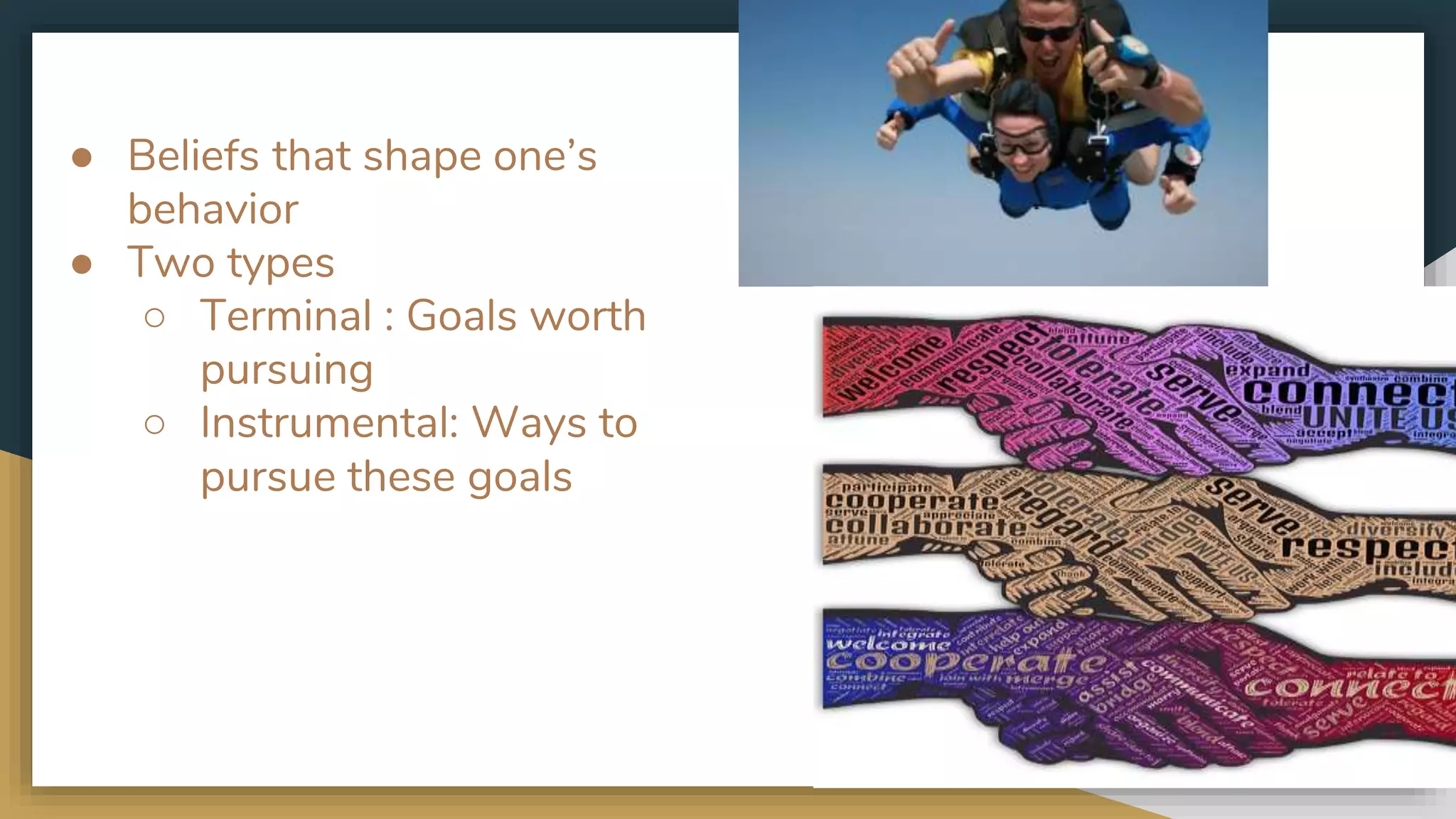 ● Beliefs that shape one’s
behavior
● Two types
○ Terminal : Goals worth
pursuing
○ Instrumental: Ways to
pursue these goals
 