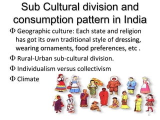 Sub Cultural division andSub Cultural division and
consumption pattern in Indiaconsumption pattern in India
Φ Geographic culture: Each state and religion
has got its own traditional style of dressing,dressing,
wearing ornaments, food preferences, etc .wearing ornaments, food preferences, etc .
Φ Rural-Urban sub-cultural division.
Φ Individualism versus collectivism
Φ Climate
12
 