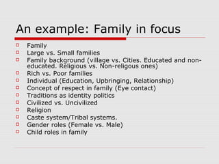 An example: Family in focus
 Family
 Large vs. Small families
 Family background (village vs. Cities. Educated and non-
educated. Religious vs. Non-religous ones)
 Rich vs. Poor families
 Individual (Education, Upbringing, Relationship)
 Concept of respect in family (Eye contact)
 Traditions as identity politics
 Civilized vs. Uncivilized
 Religion
 Caste system/Tribal systems.
 Gender roles (Female vs. Male)
 Child roles in family
 