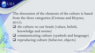 The discussion of the elements of the culture is based
from the three categories (Croteau and Hoynes,
2015):
 the culture on our heads (values, beliefs,
knowledge and norms)
 communicating culture (symbols and language)
 reproducing culture (behavior, objects)
 