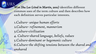 Wen Shu Lee (cited in Martin, 2010) identifies different
common uses of the term culture and then describes how
each definition serves particular interests.
1.Culture- unique human efforts
2.Culture- refinement, mannerism
3.Culture-civilization
4. Culture-shared language, beliefs, values
5.Culture-dominant or hegemonic culture
6.Culture-the shifting tensions between the shared and
unshared
 