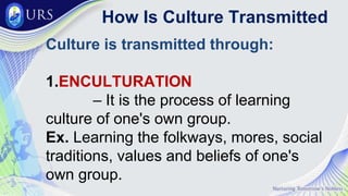 How Is Culture Transmitted
Culture is transmitted through:
1.ENCULTURATION
– It is the process of learning
culture of one's own group.
Ex. Learning the folkways, mores, social
traditions, values and beliefs of one's
own group.
 