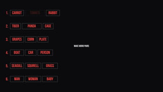 make word pairs
Tiger Panda Cage
Grapes Corn Plate
BOAT CAR PERSON
SEAGULL SQUIRELL GRASS
MAN WOMAN BABY
CARROT TOMATO RABBIT1.
2.
3.
4.
5.
6.
 