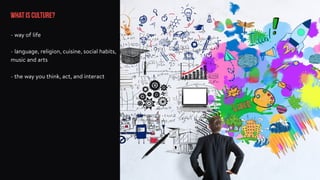 what is culture?
- language, religion, cuisine, social habits,
music and arts
- way of life
- the way you think, act, and interact
 