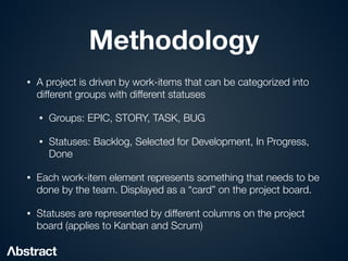 Methodology
• A project is driven by work-items that can be categorized into
different groups with different statuses


• Groups: EPIC, STORY, TASK, BUG


• Statuses: Backlog, Selected for Development, In Progress,
Done


• Each work-item element represents something that needs to be
done by the team. Displayed as a “card” on the project board.


• Statuses are represented by different columns on the project
board (applies to Kanban and Scrum)
 