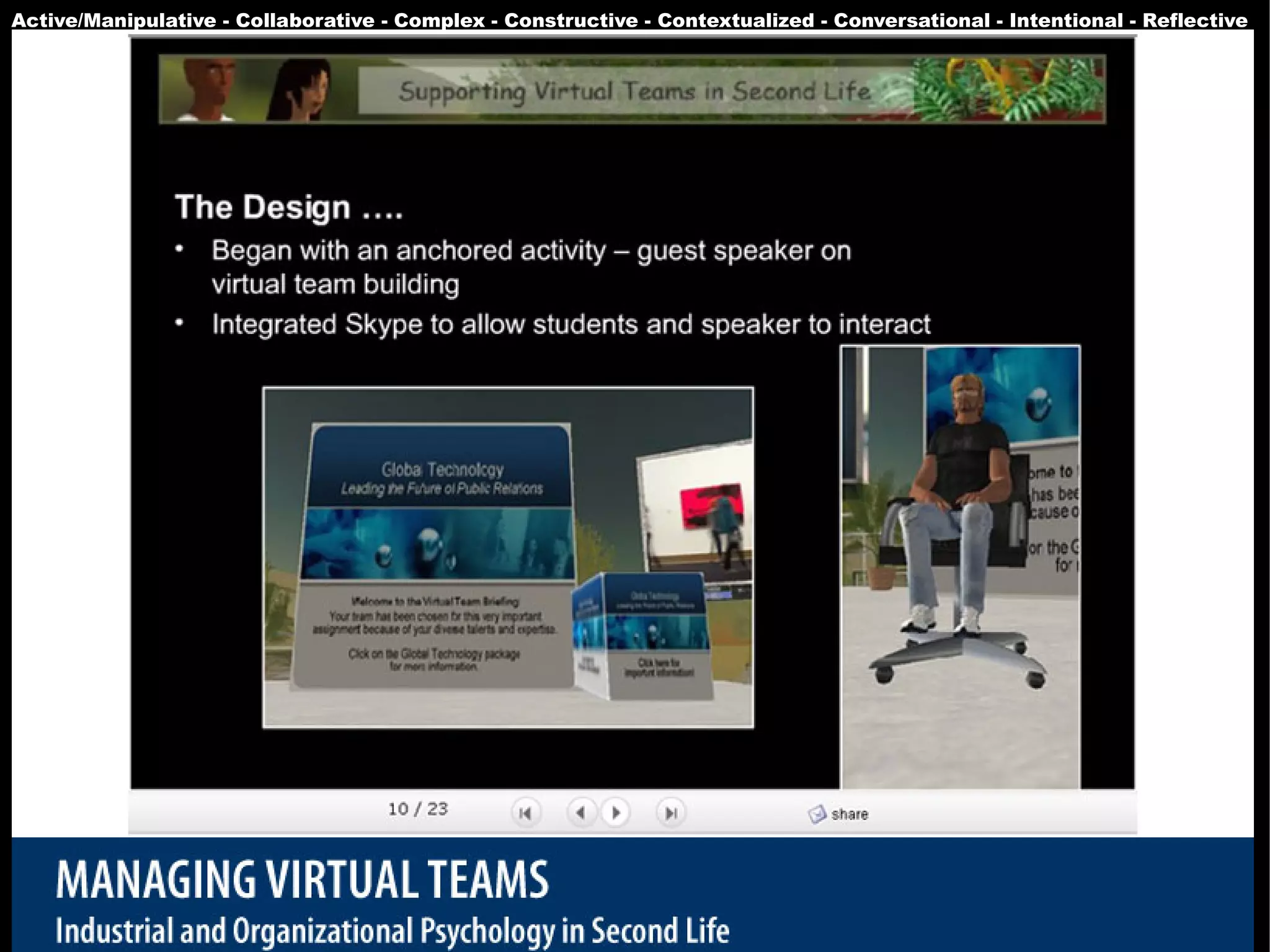 Active/Manipulative - Collaborative - Complex - Constructive - Contextualized - Conversational - Intentional - Reflective




                                                                                                               107
 